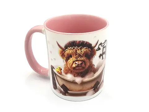 Highland Cow in a Bath Mug 11oz Pink and White