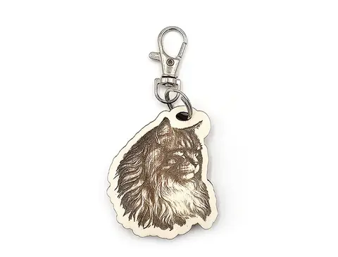 Personalised Long Haired Cat Wooden Keyring Shaped with Split Ring and Clip