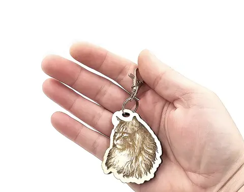 Personalised Long Haired Cat Wooden Keyring Shaped with Split Ring and Clip