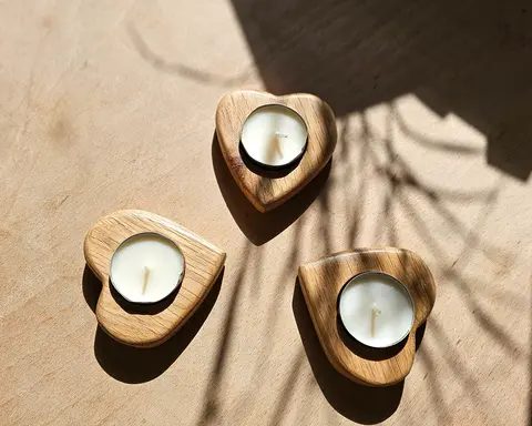 Handmade Solid Oak Heart Shaped Tealight Candle Holder Set of 3