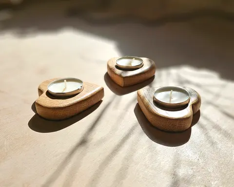 Handmade Solid Oak Heart Shaped Tealight Candle Holder Set of 3