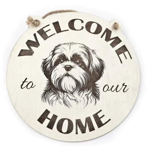 Welcome to our Home with an image of a Shih Tzu Hanging Wall Plaque / Sign