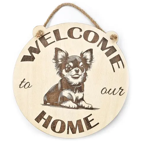 Welcome to our home with a cute Chihuahua picture hanging wall plaque / sign