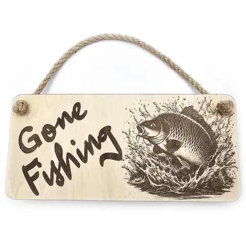 Gone Fishing Sign With Common Carp Image Wooden Decorative Plaque