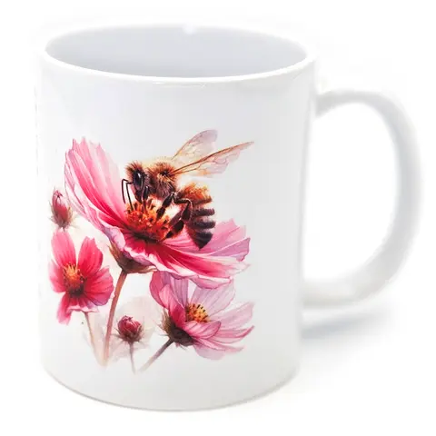 Bee On A Flower Mug In White With Bee Happy Quote
