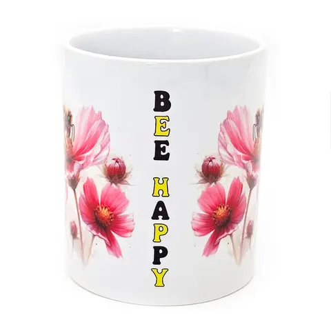 Bee On A Flower Mug In White With Bee Happy Quote