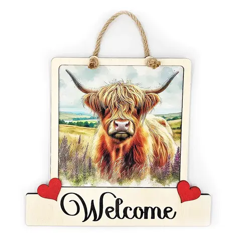 Highland Cow Welcome Sign Modern Design With Colourful Picture