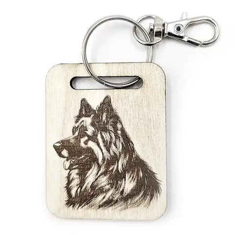 Alsatian Wooden Keyring with Split Ring and Clip