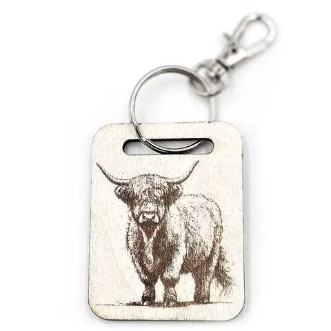 Highland Cow Wooden Keyring with Split Ring and Clip