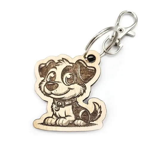 Personalised Novelty Dog Wooden Keyring Shaped with Split Ring and Clip