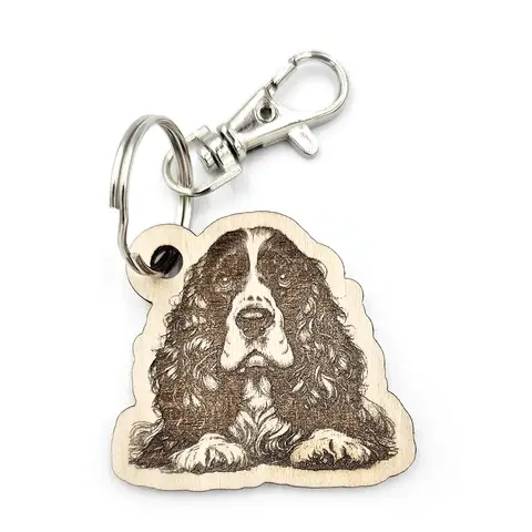 Personalised Spaniel Novelty Wooden Keyring Shaped with Split Ring and Clip