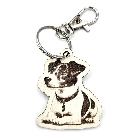 Personalised Jack Russell Novelty Wooden Keyring Shaped with Split Ring and Clip