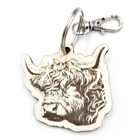 Personalised Highland Cow Wooden Keyring Shaped with Split Ring and Clip