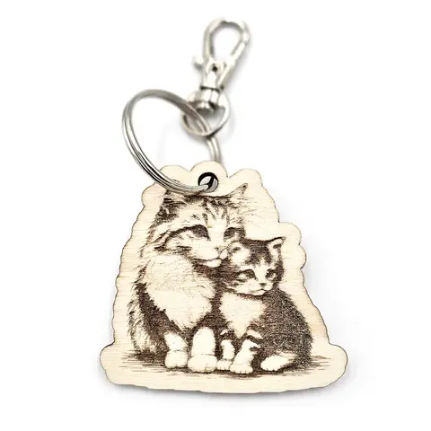 Personalised Cat & Kitten Wooden Keyring Shaped with Split Ring and Clip