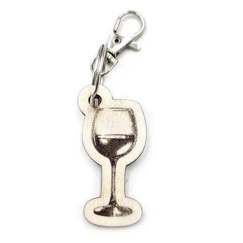 Personalised Glass of Wine Wooden Keyring Shaped with Split Ring and Clip