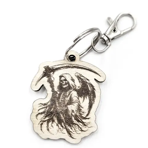 Personalised Novelty Grim Reaper Wooden Keyring Shaped with Split Ring and Clip