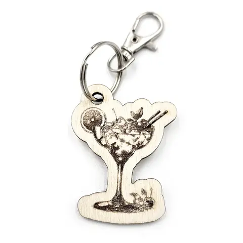 Personalised Novelty Cocktail Glass Wooden Keyring Shaped with Split Ring and Clip