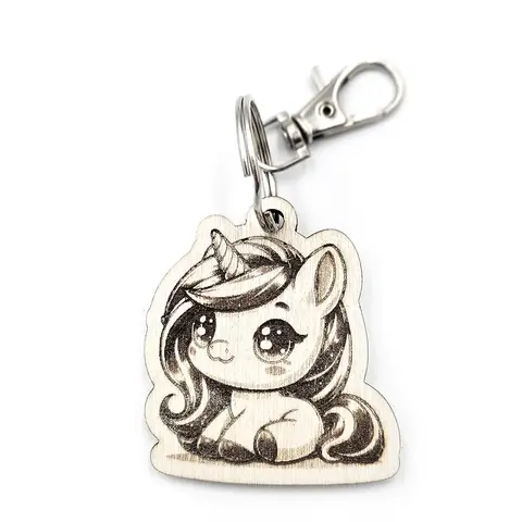 Personalised Novelty Unicorn Wooden Keyring Shaped with Split Ring and Clip Childs Bag Tag