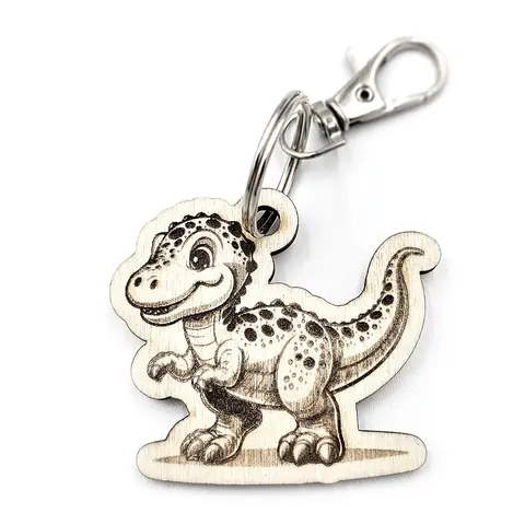 Personalised Novelty Dinosaur Wooden Keyring Shaped with Split Ring and Clip Childs Bag Tag