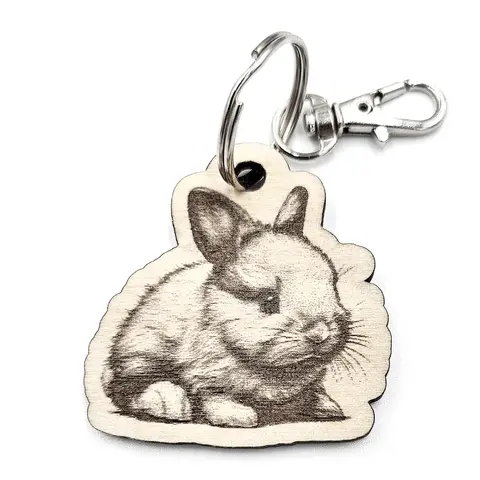 Personalised Baby Rabbit Wooden Keyring Shaped with Split Ring and Clip