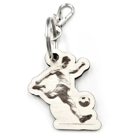 Personalised Footballer Wooden Keyring Shaped with Split Ring and Clip