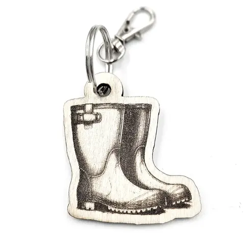 Personalised Wellington Boot Wooden Keyring Shaped with Split Ring and Clip | Welly