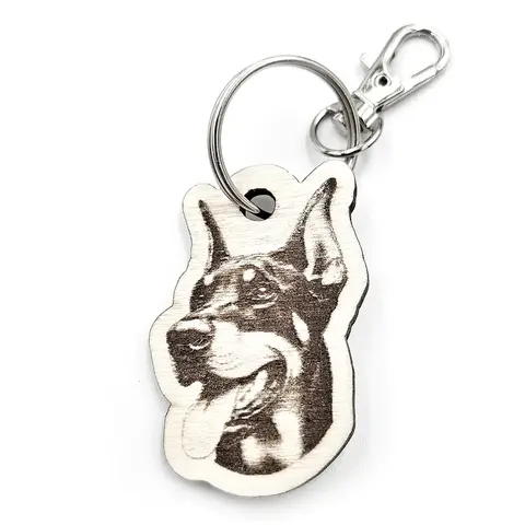Personalised Doberman Novelty Wooden Keyring Shaped with Split Ring and Clip