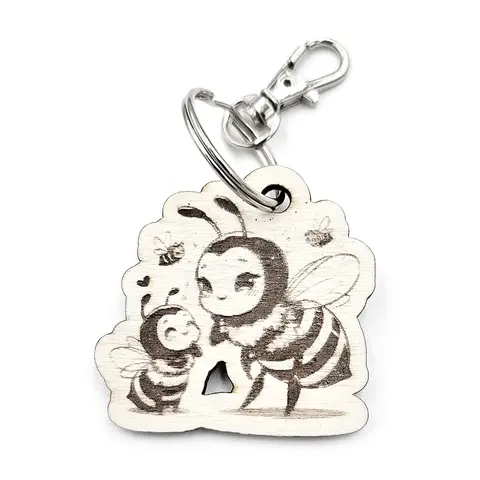 Personalised Bee Themed Wooden Keyring Shaped with Split Ring and Clip