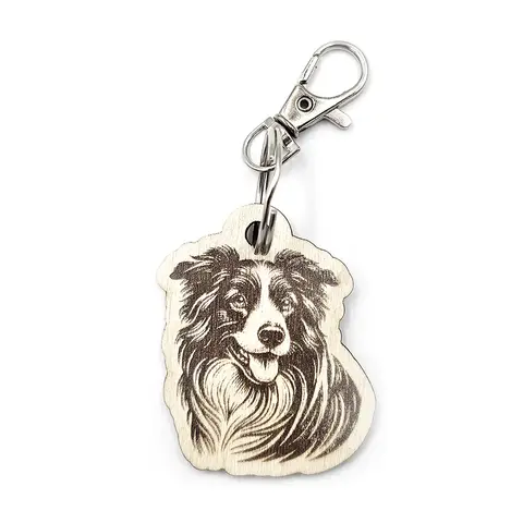 Personalised Border Collie Novelty Wooden Keyring Shaped with Split Ring and Clip