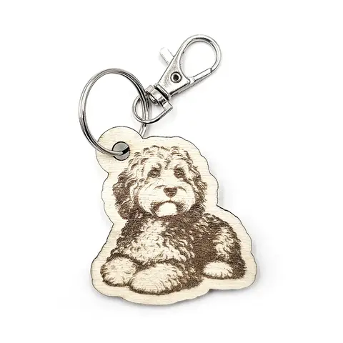 Personalised Cockapoo Novelty Wooden Keyring Shaped with Split Ring and Clip