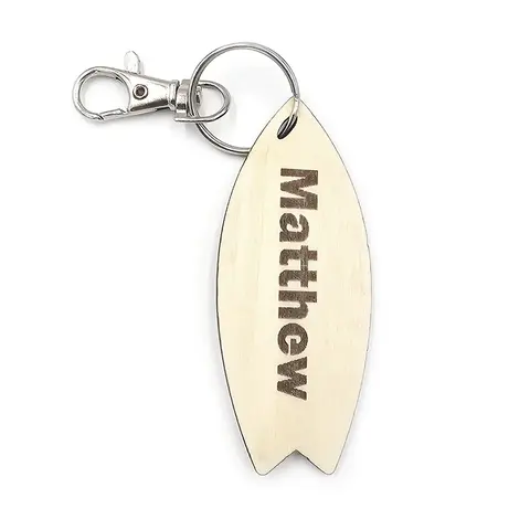 Novelty Surfing Themed Wooden Keyring Shaped with Split Ring and Clip