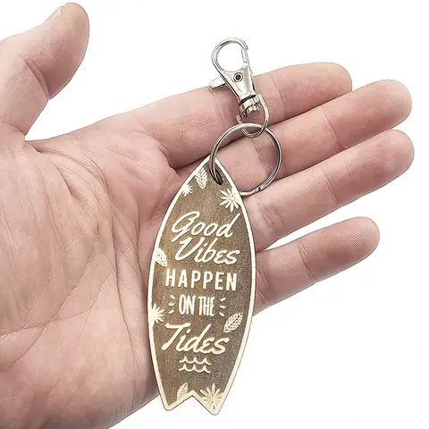 Novelty Surfing Themed Wooden Keyring Shaped with Split Ring and Clip